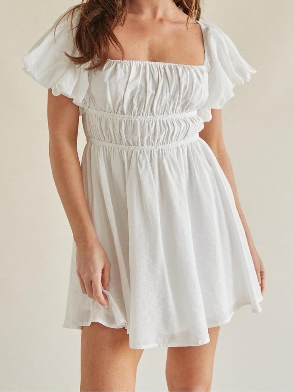 White Puff Sleeve Mini Dress with Smocked Bodice